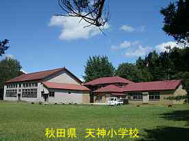 天神小学校・グランドより体育館と校舎、秋田県の木造校舎