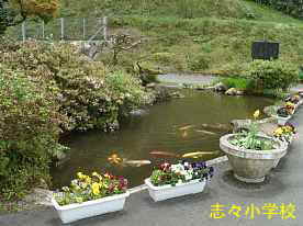 志々小学校・前庭の池、島根県の木造校舎