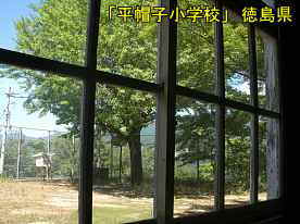 「平帽子小学校」窓より校庭、徳島県の木造校舎