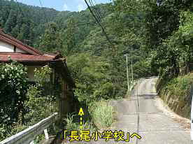 「長尾小学校」へ行く分かれ道、徳島県の木造校舎